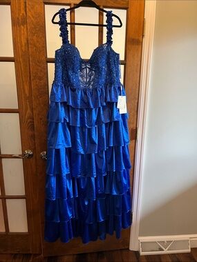 Elegant Royal Blue Tiered Prom Dress with Beaded Bodice